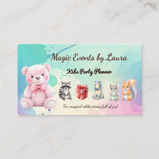 Kinder Party Planner Pastel Teddy Bear QR Code Log Visitekaartje (Voorkant)