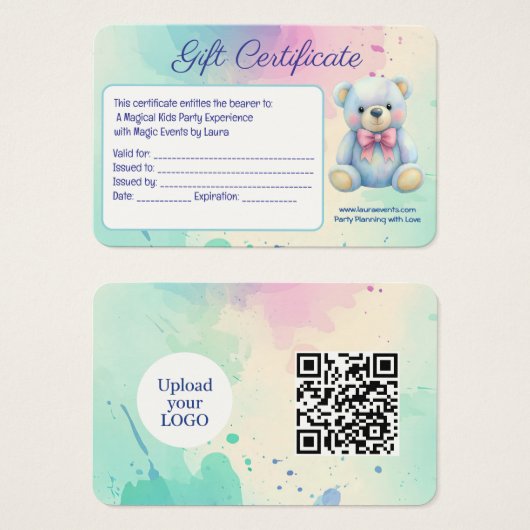 Kinder Party Planner Pastel Teddy Bear QR Code Log Visitekaartje (Voorkant /achterkant)