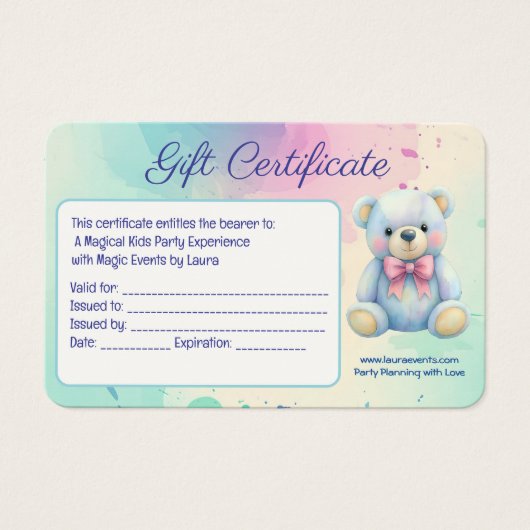 Kinder Party Planner Pastel Teddy Bear QR Code Log Visitekaartje (Voorkant)