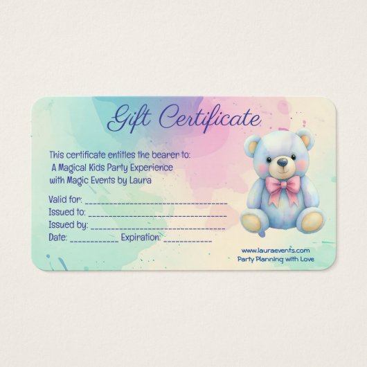 Kinder Party Planner Pastel Teddy Bear QR Code Log Visitekaartje (Voorkant)