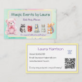 Kinder Party Planner Pastel Teddy Bear QR Code Log Visitekaartje (Voorkant / Achterkant)