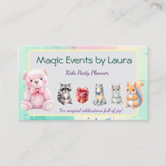 Kinder Party Planner Pastel Teddy Bear QR Code Log Visitekaartje (Voorkant)