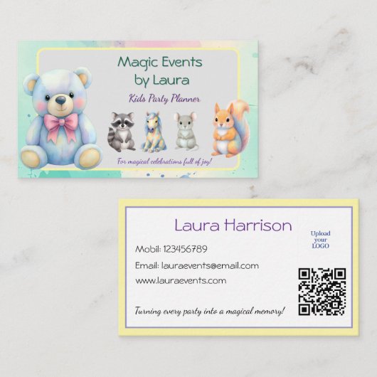 Kinder Party Planner Pastel Teddy Bear QR Code Log Visitekaartje (Voorkant / Achterkant)