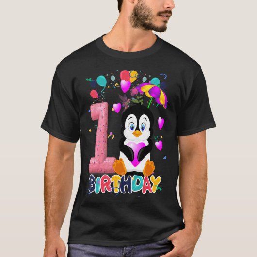Kinder Penguin Birthday Party 1 Year Old Boy 1th P T-shirt (Voorkant)