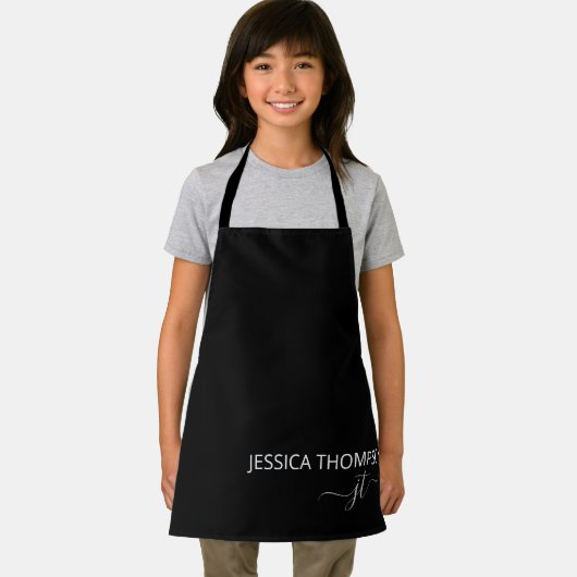 Kinder persoonlijk zwart monogram naam geluid  schort (Insitu)