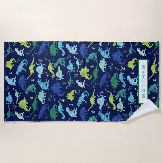 Kinder persoonlijke dinosaurusblauwe Waterverf Strandlaken (Voorkant)