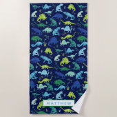 Kinder persoonlijke dinosaurusblauwe Waterverf Strandlaken (Voorkant)