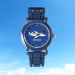 Kinder Plane Boys Blauw Aangepaste Naam Horloge<br><div class="desc">Blauw,  vliegtuig,  vliegtuig,  vervoer,  auto,  horloge voor kinderen. Custom,  Kinder,  Naam,  Steel Blue boys horloge. Personaliseer het met de naam van uw kind.</div>