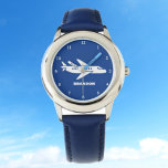 Kinder Plane Boys Blauw Aangepaste Naam Horloge<br><div class="desc">Blauw,  vliegtuig,  vliegtuig,  vervoer,  auto,  horloge voor kinderen. Custom,  Kinder,  Naam,  Steel Blue boys horloge. Personaliseer het met de naam van uw kind.</div>