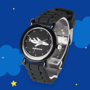 Kinder Plane Boys Zwart Aangepaste Naam Horloge