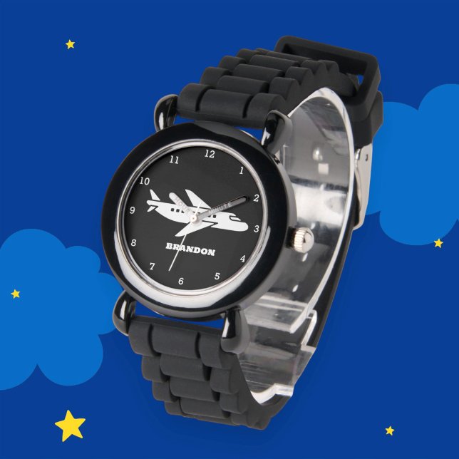 Kinder Plane Boys Zwart Aangepaste Naam Horloge (Creator heeft geüpload)