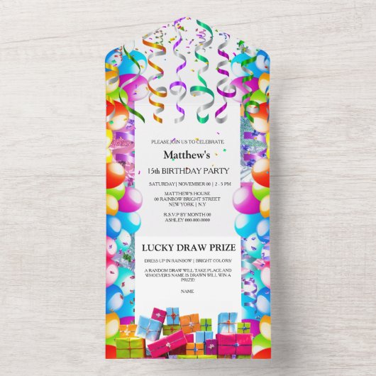 Kinder plezier ballon streamers feest vieren all in one uitnodiging (Binnen)