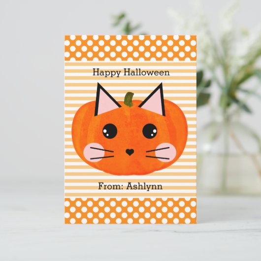 Kinder pompoen Cat Halloween Kaart (Staand voorkant)