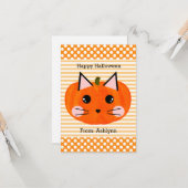 Kinder pompoen Cat Halloween Kaart (Voorkant / Achterkant in situ)