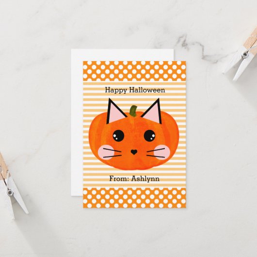 Kinder pompoen Cat Halloween Kaart (Voorkant / Achterkant in situ)