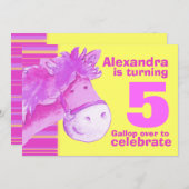 Kinder pony 5e verjaardag roze gele verjaardag uit kaart (Voorkant / Achterkant)