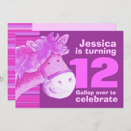 Kinder pony die 12 jaar oud paars roze uitnodigt kaart (Voorkant / Achterkant)