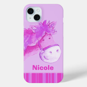 Kinder pony paarse roze strepen naam iPhone 15 mini hoesje
