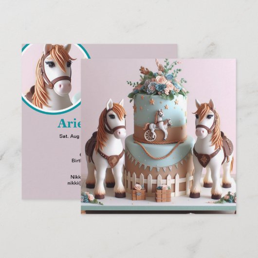 KINDER PONY'S VERSIERD VERJAARDAGSTAART KAART (Voorkant / Achterkant)