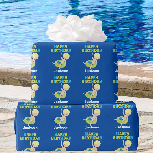 Kinder Pool Party Blonde Boy Zwemend Birthday Cadeaupapier