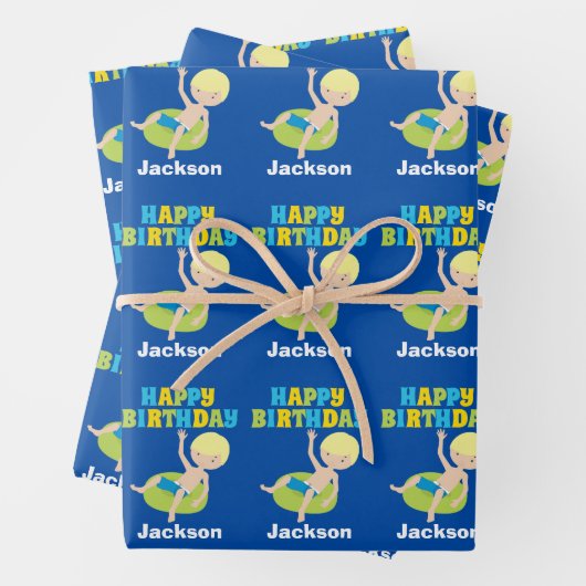 Kinder Pool Party Blonde Boy Zwemend Birthday Inpakpapier Vel (In situ)