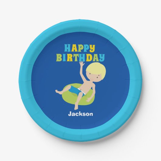 Kinder Pool Party Blonde Boy Zwemend Birthday Papieren Bordje (Voorkant)