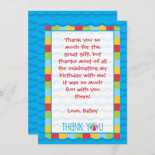 Kinder Pool Party Dank u kaart (Voorkant / Achterkant)