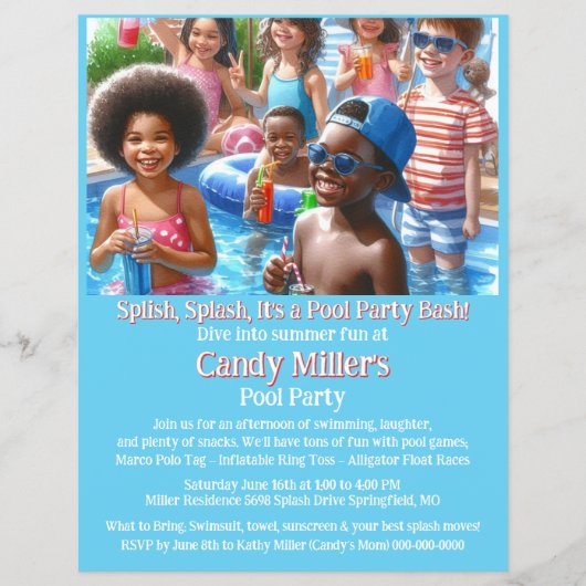 Kinder Pool Party Invitation Flyer (Voorkant)