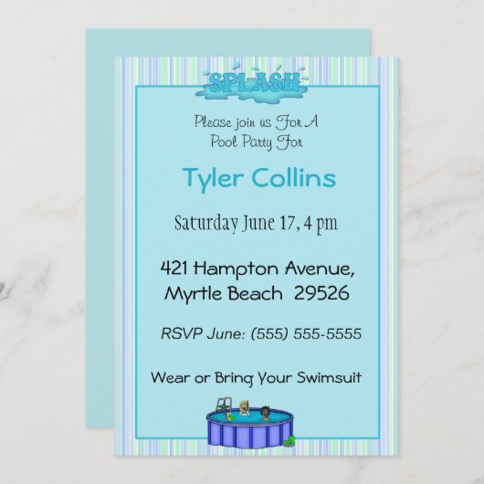 Kinder Pool Party-uitnodigingen Kaart (Voorkant / Achterkant)