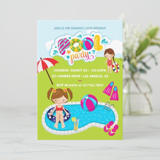 Kinder poolpartij kaart (Staand voorkant)