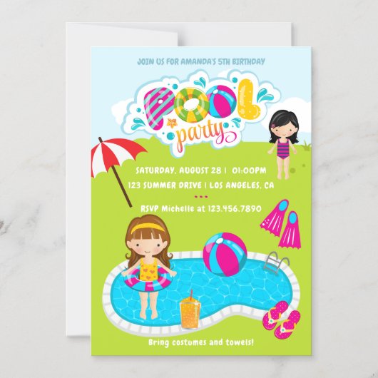 Kinder poolpartij magnetische uitnodiging (Voorkant)