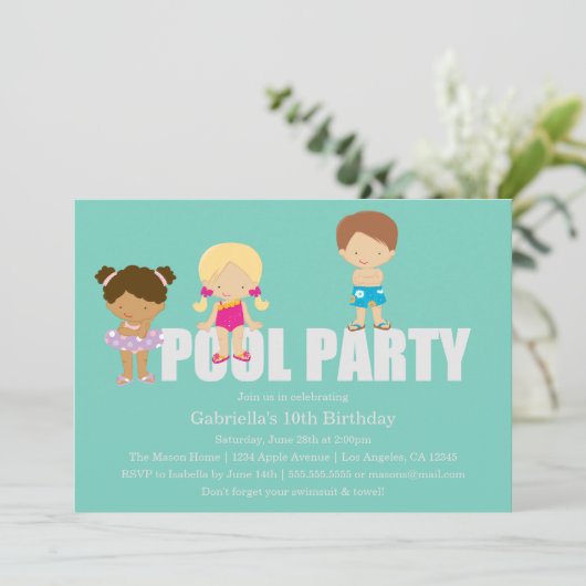 Kinder poolpartij | Uitnodiging van de partij Birt (Staand voorkant)