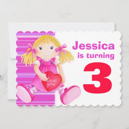 Kinder pop 3de verjaardag roze verjaardag uitnodig kaart (Voorkant)