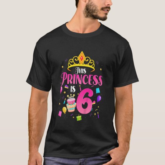 Kinder prinses 6 jaar oud meisje 6 jaar zesde dag t-shirt (Voorkant)