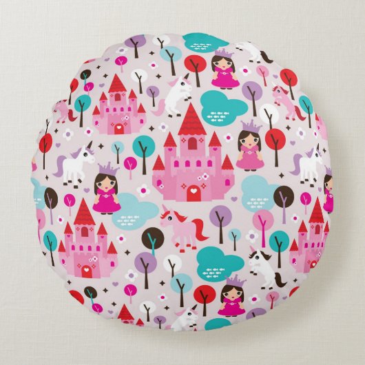 kinder prinses castle en unicorn rond kussen (Voorkant)