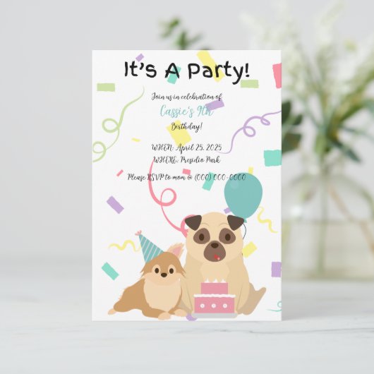 Kinder Pug Dog verjaardagsuitnodiging Kaart (Staand voorkant)