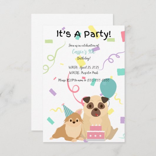 Kinder Pug Dog verjaardagsuitnodiging Kaart (Voorkant / Achterkant)