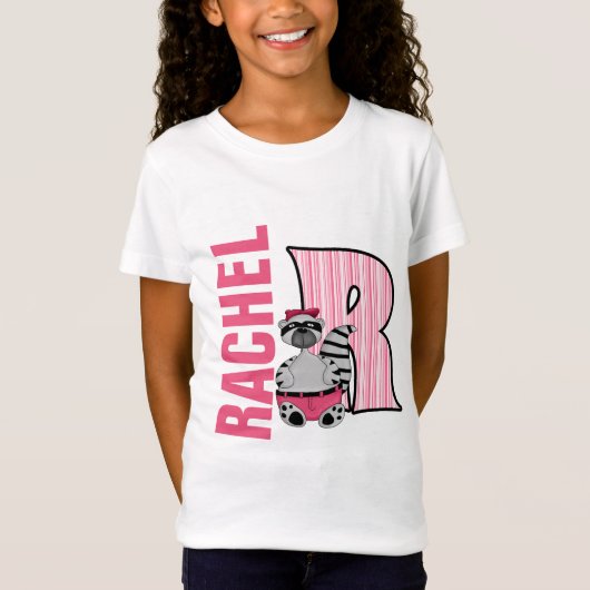 Kinder "R" monogram | roze gestreepte wasbeer T-shirt (Voorkant)