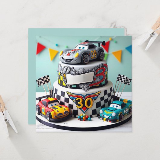 KINDER RACE AUTO SPEELGOED VERJAARDAGSTAART KAART (Voorkant / Achterkant in situ)