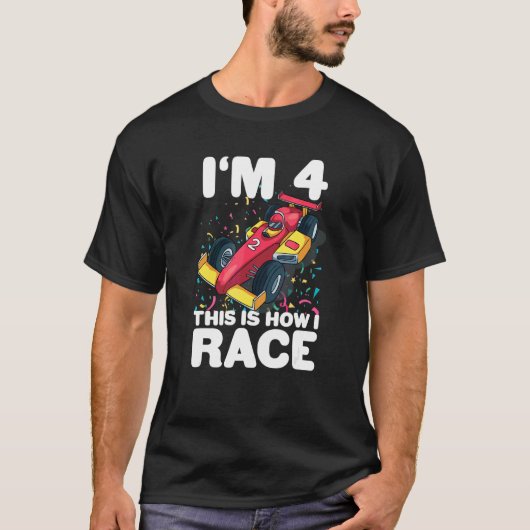 Kinder raceauto 4e Verjaardag 4 Vier Peuter Formul T-shirt (Voorkant)