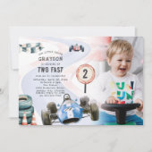 Kinder raceauto met thema 2e verjaardagsfeestfoto kaart (Voorkant)