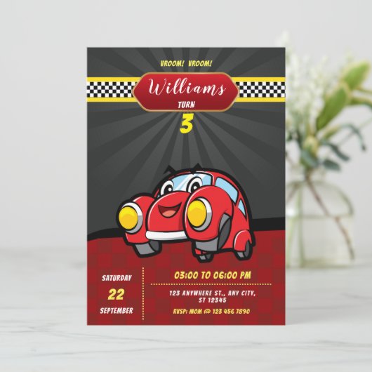 Kinder raceauto's Verjaardagsfeestuitnodiging Kaart (Staand voorkant)