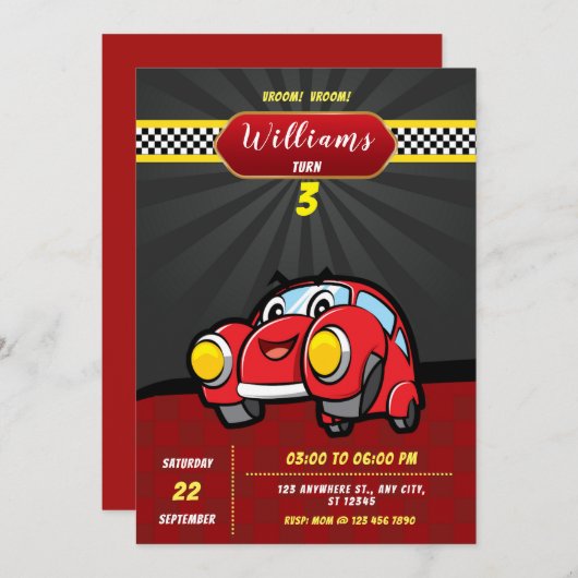 Kinder raceauto's Verjaardagsfeestuitnodiging Kaart (Voorkant / Achterkant)