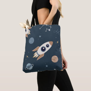 Kinder raket-, planet- en sterpatroon tote bag