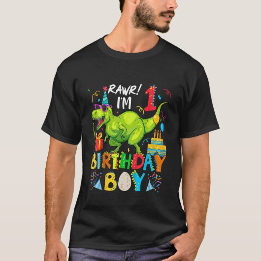 Kinder Rawr Ik ben 1e Verjaardags Jongen Dinosauru T-shirt (Voorkant)
