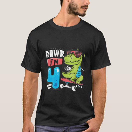 Kinder Rawr Ik ben 4 T Rex Dinosaur Skateboard Boy T-shirt (Voorkant)