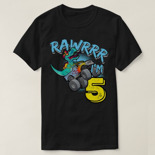Kinder Rawr Im 5 5e Verjaardag Monster Truck TRex  T-shirt (Design voorkant)