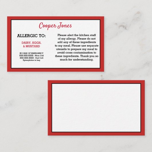 Kinder Red Allergy Alert Restaurant Noodsituatie Contactkaartje (Voorkant / Achterkant)