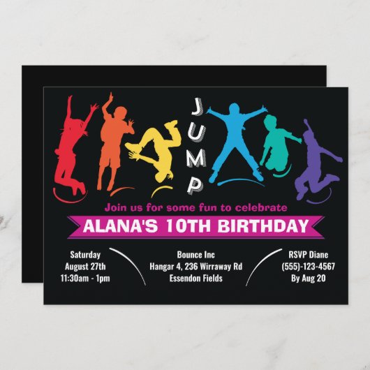 Kinder regenboog sprong trampoline verjaardagsfees kaart (Voorkant / Achterkant)