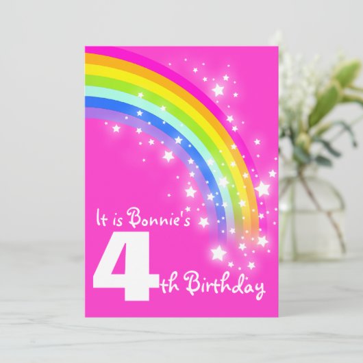 Kinder regenboog vierde verjaardag roze verjaardag kaart (Staand voorkant)